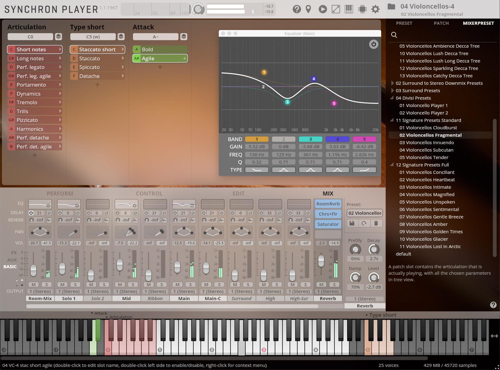 Screenshot of Vienna Symphonic Library's SYNCHRON PLAYER software interface, displaying controls for articulation, attack, and type short sound parameters, a detailed equalizer for main output, and mixing console with perform, control, and edit sections, alongside a preset browser showing Violoncellos Fragmantal selected.