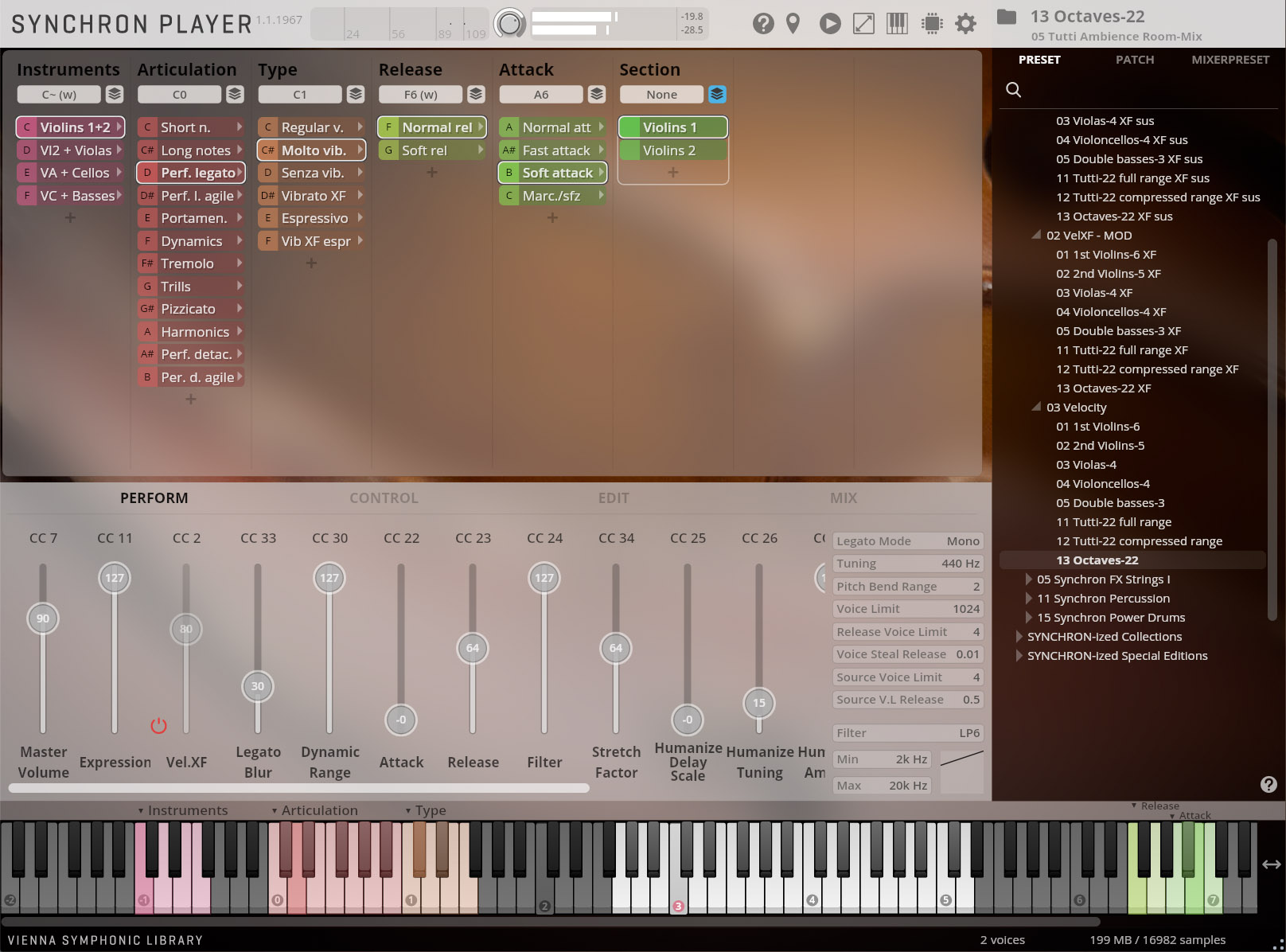 Screenshot of Synchron Player software interface, showing virtual instrument settings for violins, articulation, release, attack, and performance controls, including a piano roll.