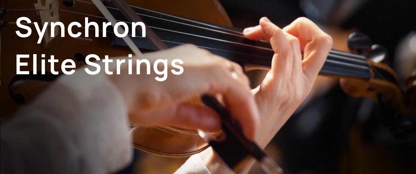 Hands playing a string instrument, likely a violin or viola, with text overlay Synchron Elite Strings.