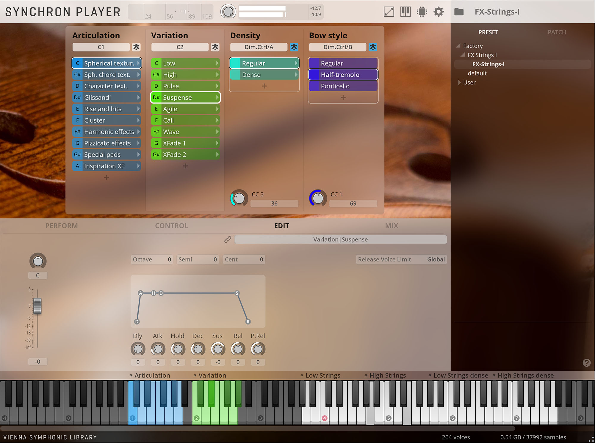 Screenshot of Synchron Player software interface showing sound parameter controls and virtual keyboard for music production.