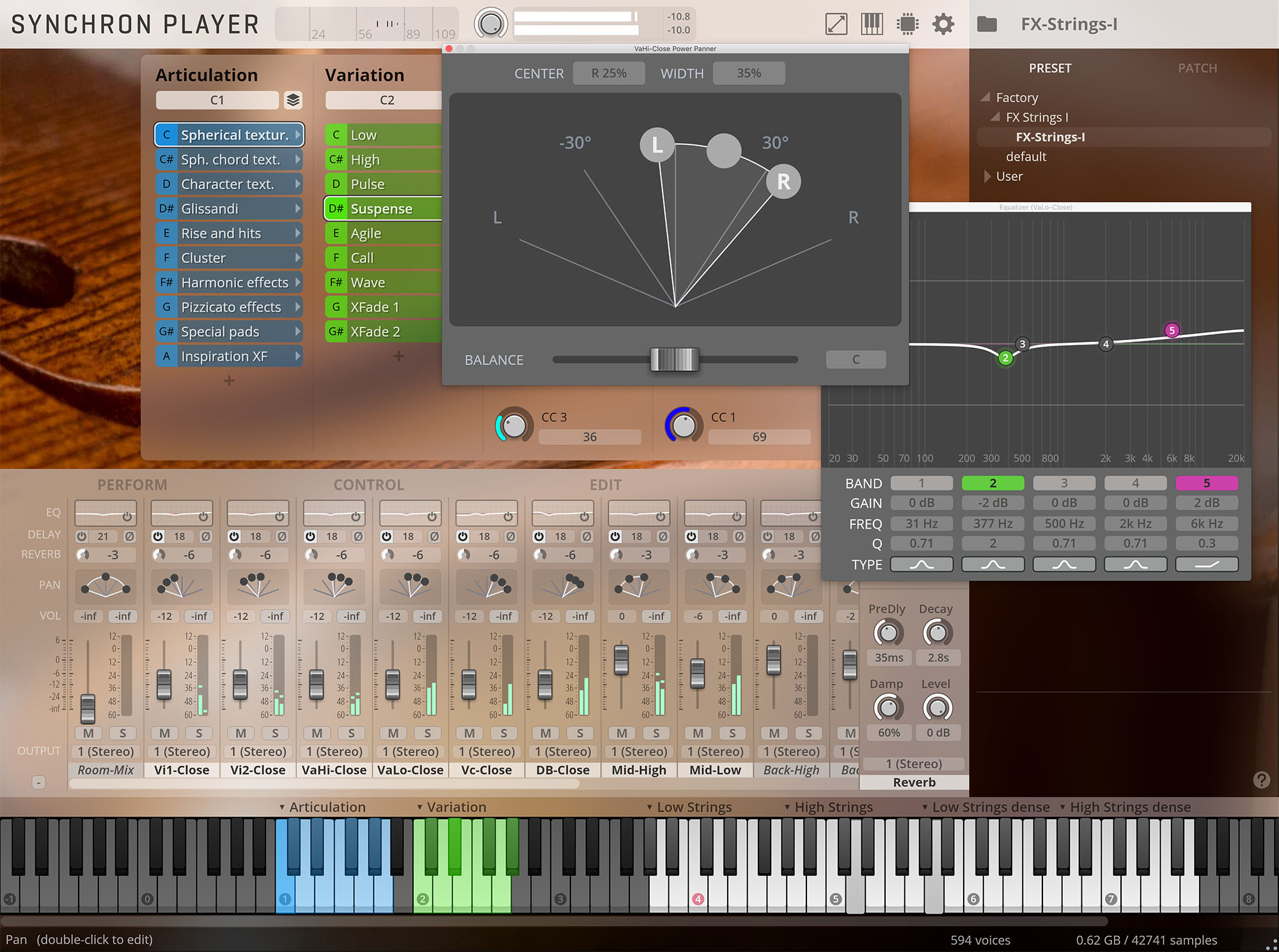 Synchron Player virtual instrument interface showing articulation, variation, panning, equalizer, and mixer settings for FX-Strings-I.