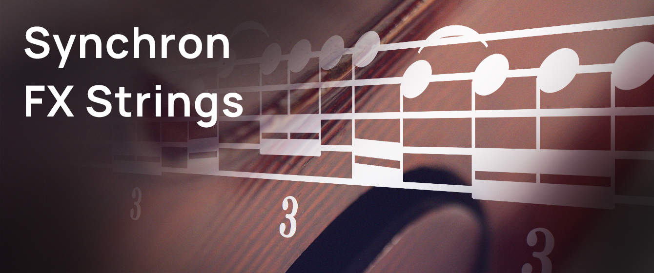 Synchron FX Strings software interface featuring music notation, clefs, and notes over a blurred image of piano strings and tuning pegs.