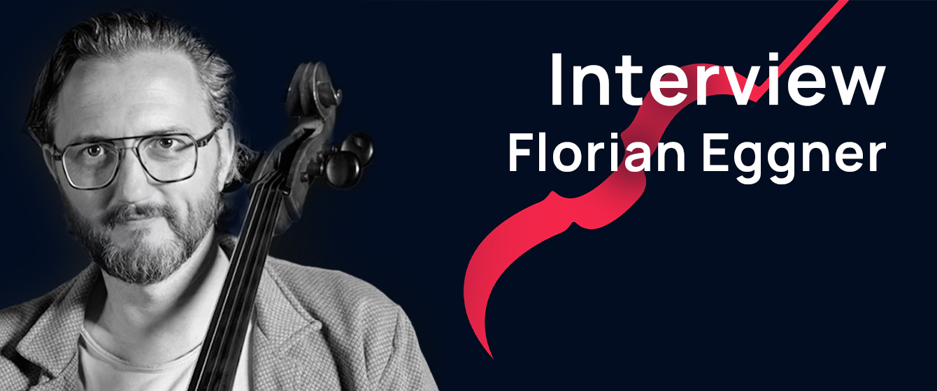 Promotional image for an interview with cellist Florian Eggner, featuring him holding his cello with white text Interview Florian Eggner and a red abstract design on a dark background.