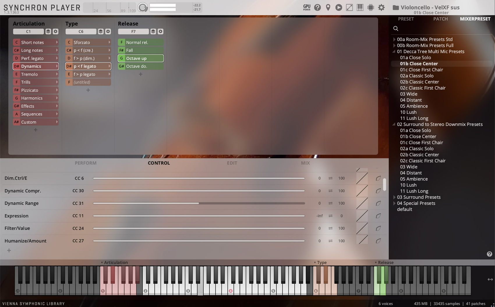 SYNCHRON PLAYER software interface showing articulation, type, release, and control settings for a Violoncello VelXF sus instrument, with the 01b Close Center preset selected in the mixer.