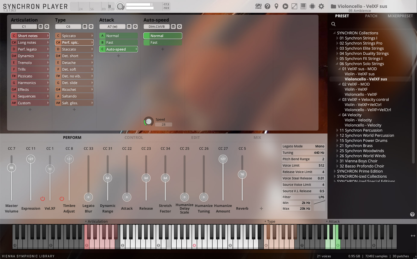 A screenshot of the Vienna Symphonic Library Synchron Player software, displaying settings for cello sounds, including articulation, tempo, effects, and mixing controls.