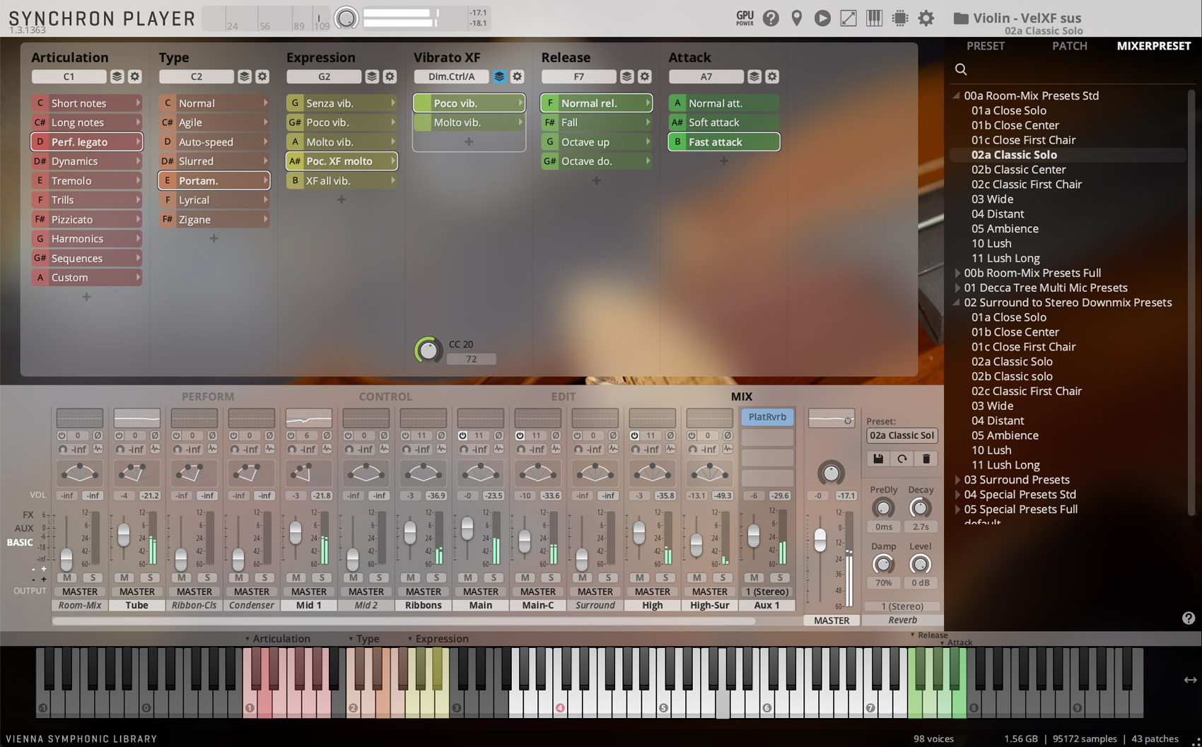 Professional audio software interface for the Synchron Player by Vienna Symphonic Library, displaying articulation, type, expression, vibrato, release, and attack parameters, alongside a mixer with various output faders and a virtual keyboard with colored key ranges.