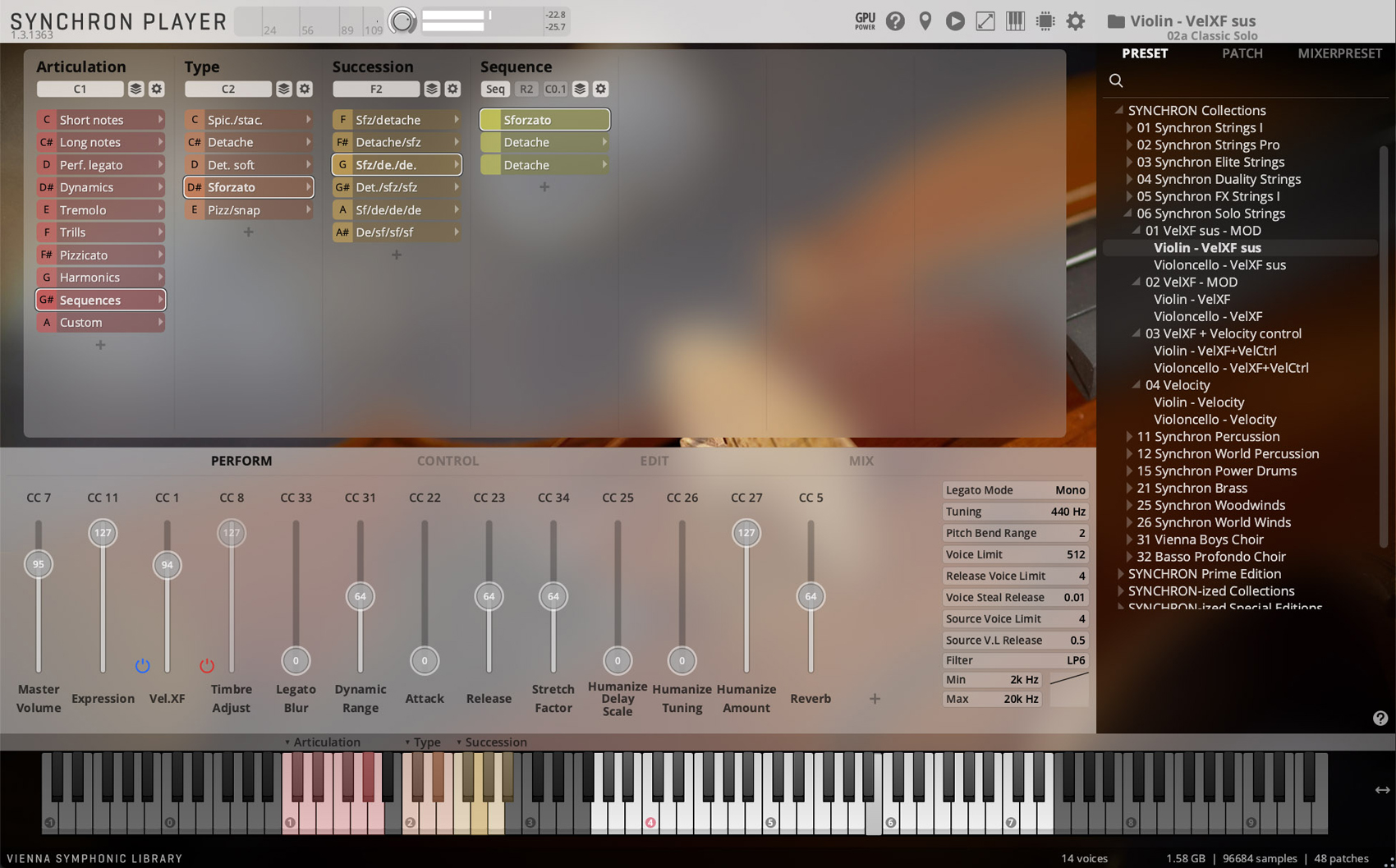 Software interface of Synchron Player, a virtual instrument from Vienna Symphonic Library, displaying articulation, type, succession, sequence, and performance controls, with Violin - VelXF sus preset selected.