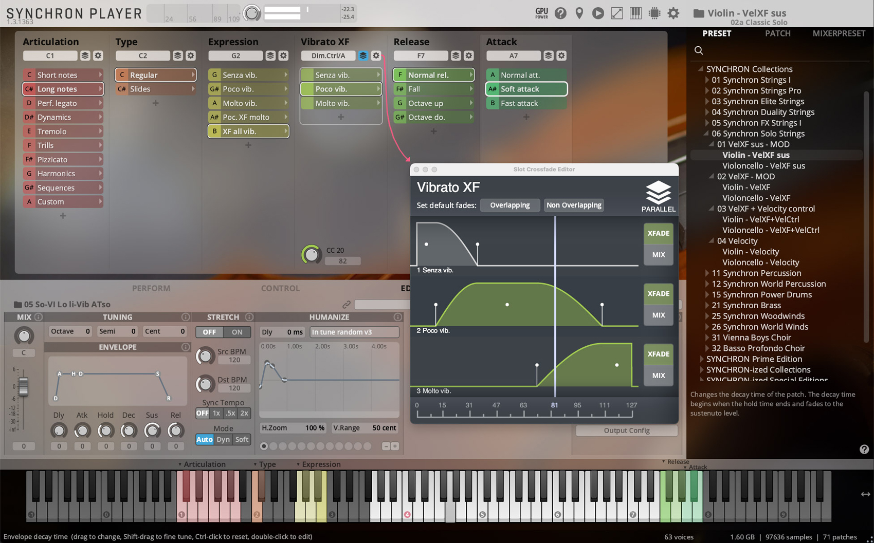 Full screenshot of the SYNCHRON PLAYER software, displaying various parameters for sound articulation, including Vibrato XF settings, a graphical envelope editor, keyboard mapping, and a list of available presets like Violin - VelXF sus and Synchron Strings.