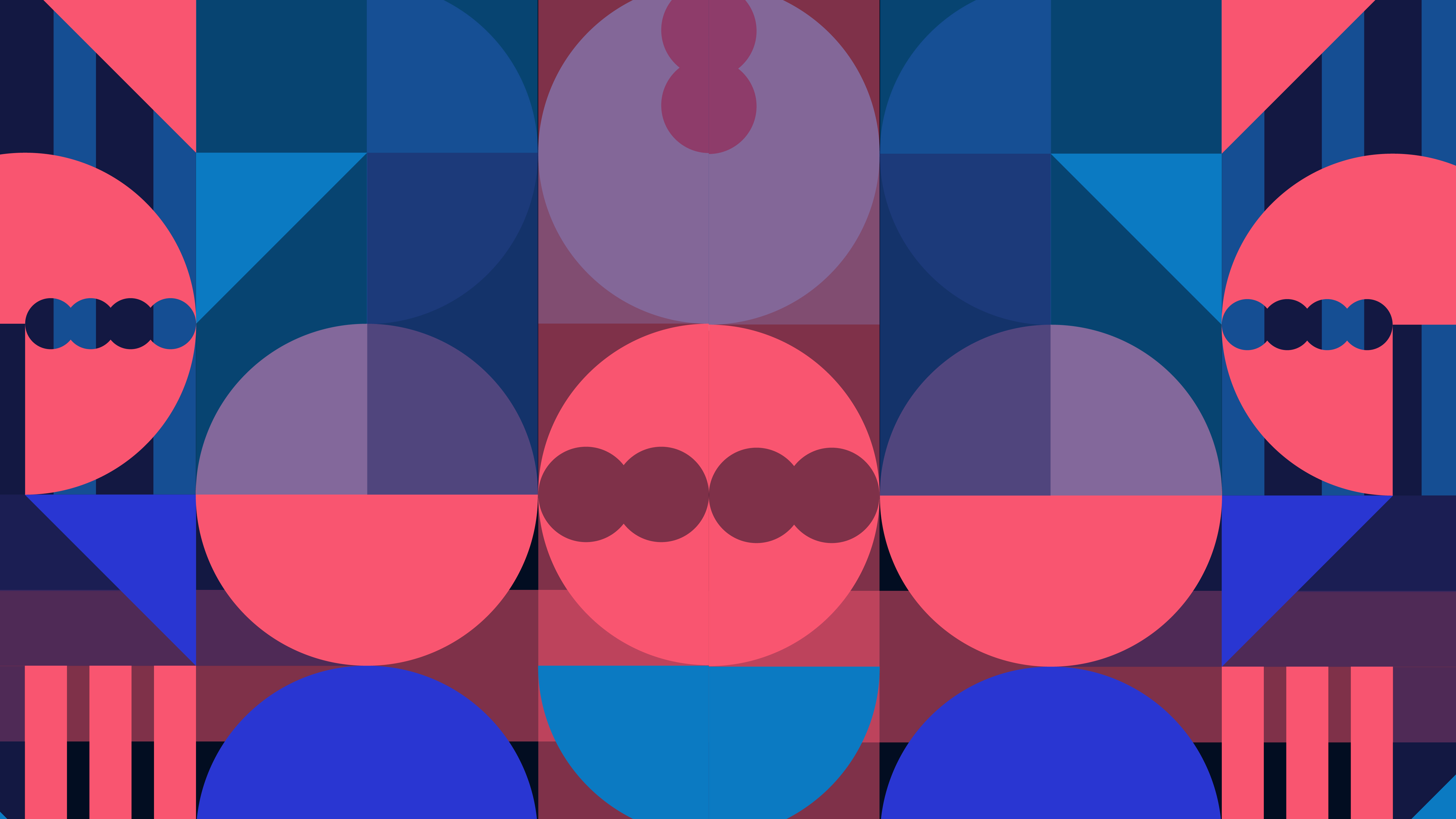 Abstract geometric pattern featuring synchronized circles and squares in shades of blue, pink, and purple, representing the Synchron Series Package.
