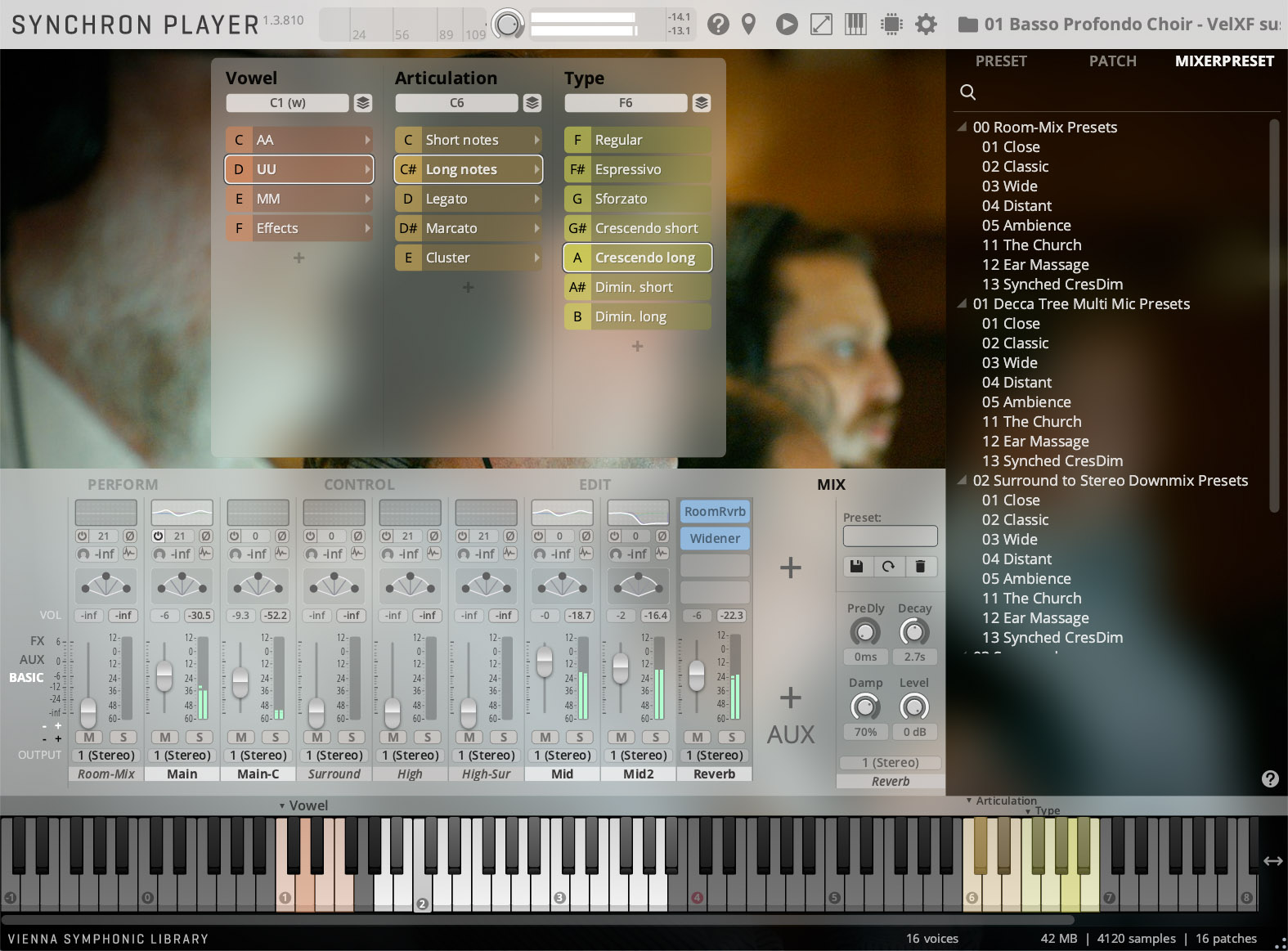 Full-screen screenshot of the Synchron Player software interface, a virtual instrument for music production. The top section displays voice and articulation selection with options like Vowel (AA, UU, MM), Articulation (Short notes, Long notes, Legato, Marcato, Cluster), and Type (Regular, Espressivo, Sforzato, Crescendo short, Crescendo long, Dimin. short, Dimin. long), with Long notes and Crescendo long highlighted. The middle section features performance, control, and edit parameters with various sliders and knobs. The right side shows Mix presets for Room-Mix, Decca Tree, and Surround to Stereo Downmix, offering options like Close, Classic, Wide, Distant, Ambience, The Church, Ear Massage, and Synched CresDim. The bottom section presents a virtual piano keyboard with highlighted keys indicating active note ranges.