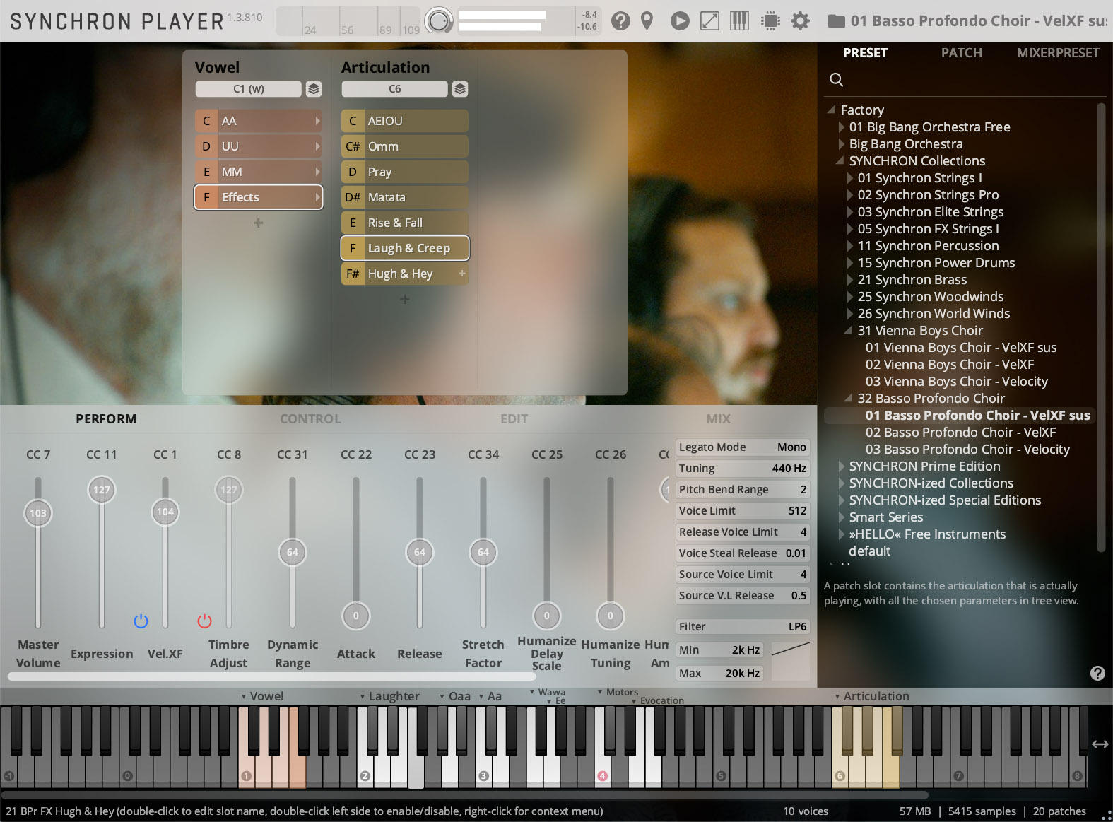 Digital audio workstation screen displaying Synchron Player software interface with Vowel-Articulation matrix, mixer controls, performance faders, and a preset browser showing choir sounds.