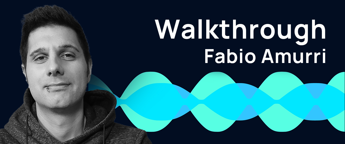 Black and white portrait of Fabio Amurri on a dark background with blue sound waves. Text reads Walkthrough Fabio Amurri.