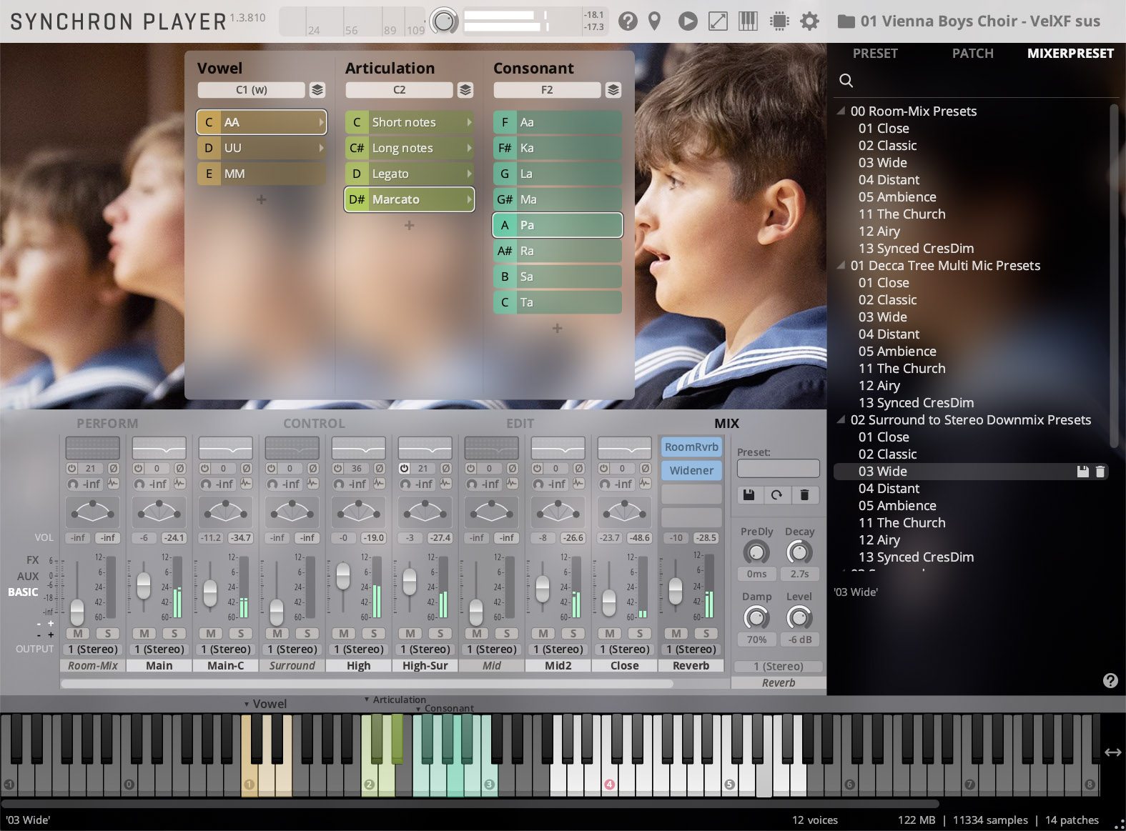 Screenshot of the Synchron Player software interface, featuring a young male choir singer, with controls for Vowel, Articulation, Consonant, Mix presets, and a virtual keyboard.