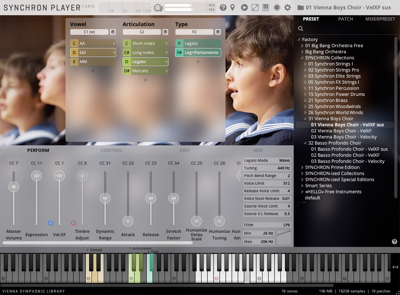 Screenshot of the Vienna Symphonic Library Synchron Player software interface, featuring controls for vowel, articulation, type, global parameters, a virtual keyboard, and a preset browser with '01 Vienna Boys Choir - VelXF sus' highlighted, with a blurred image of choristers in the background.