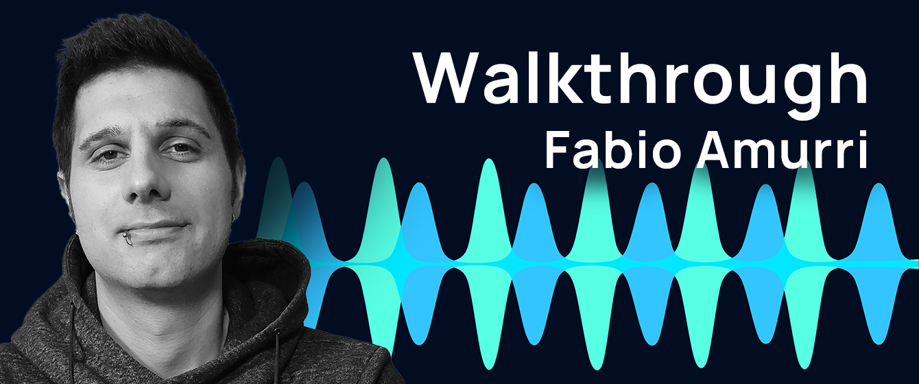 Black and white headshot of Fabio Amurri, a man with short dark hair and a lip piercing, looking at the camera. To his right, the word Walkthrough is displayed above his name Fabio Amurri in white text. Behind the text are blue and cyan sound waves. This image likely serves as a banner or header for a walkthrough guide by Fabio Amurri.