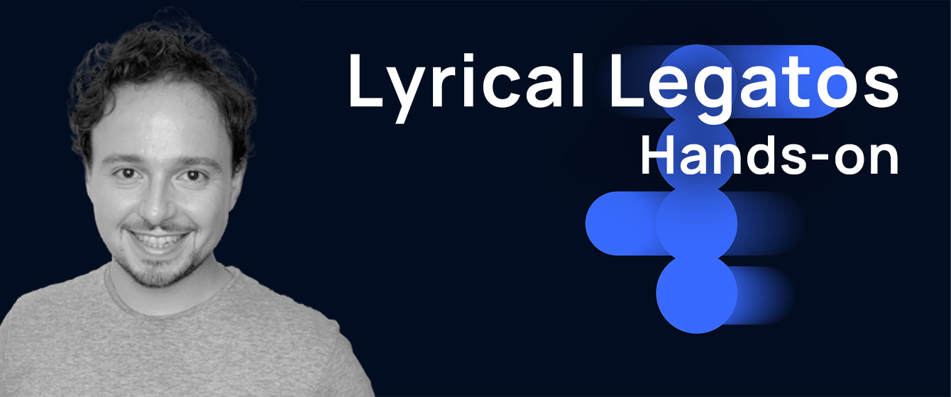 A man with curly hair and a beard smiles beside the text Lyrical Legatos Hands-on and a stylized blue musical note design, all on a dark blue background.