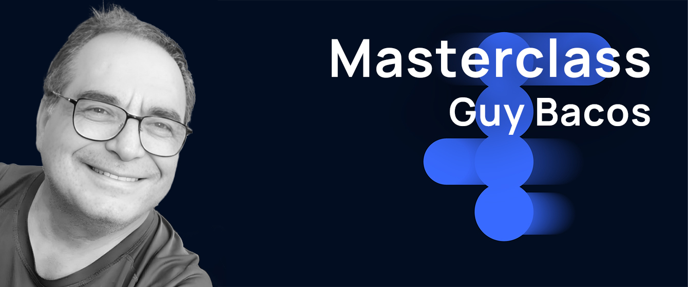 Happy man smiling in glasses with text Masterclass Guy Bacos and blue geometric shapes.