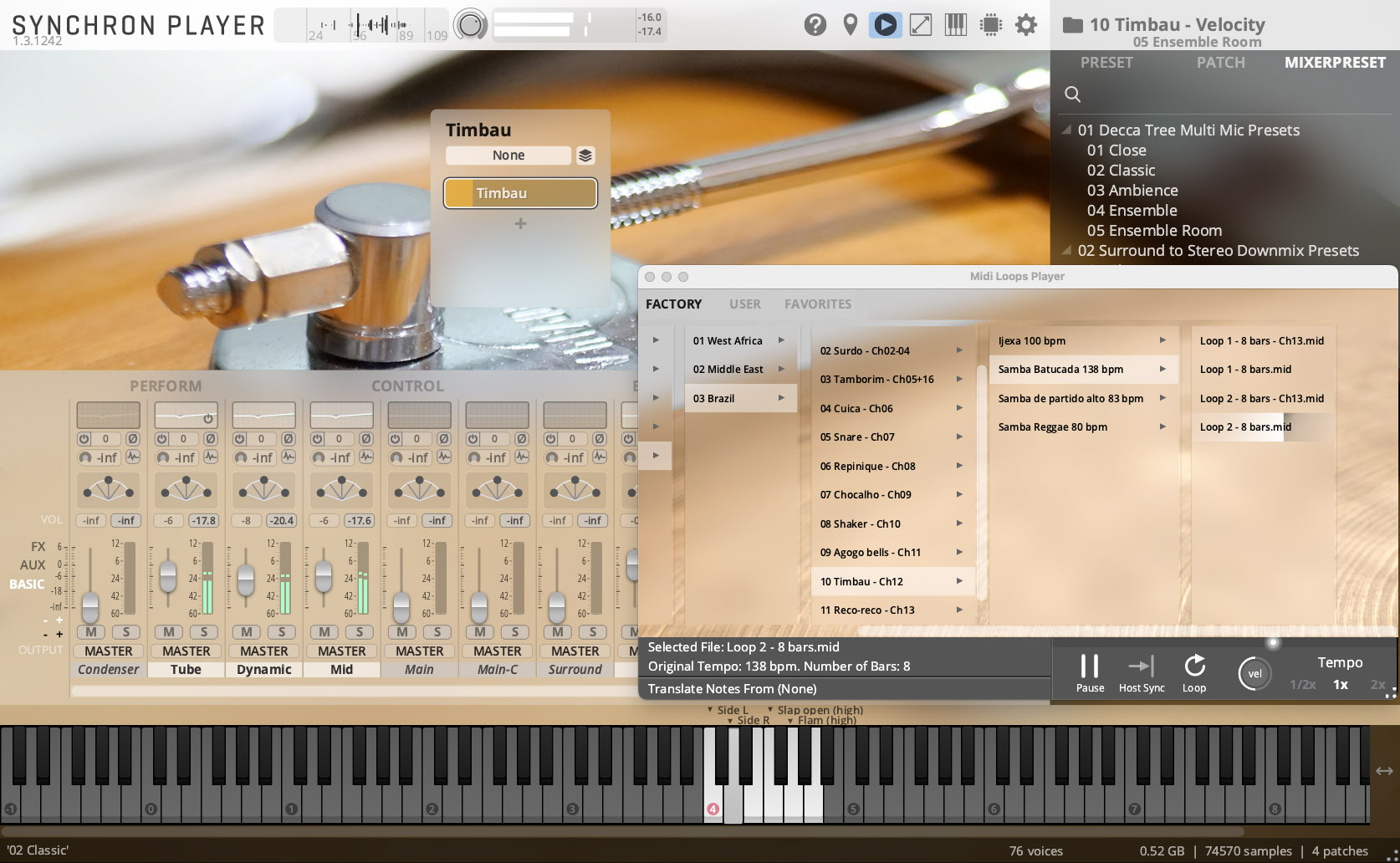Screenshot of the SYNCHRON PLAYER virtual instrument interface, showing the Timbau sound selected, mixer controls, and MIDI loops player with various percussion options.