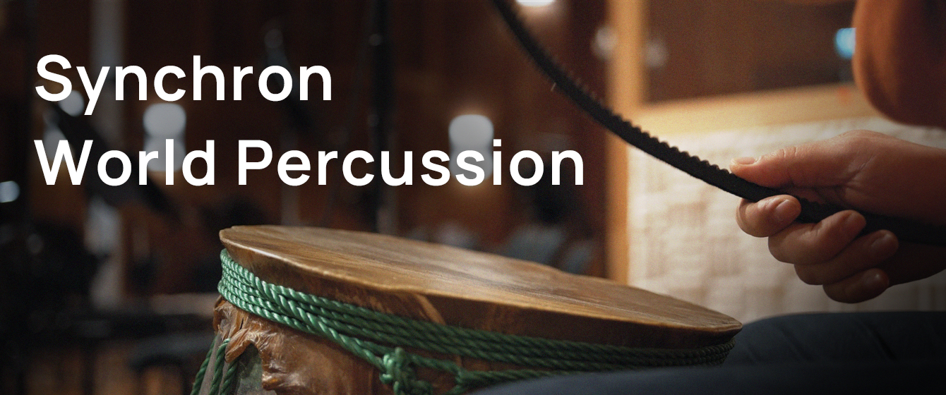 Person playing an ethnically diverse drum with a mallet, featuring the text Synchron World Percussion.