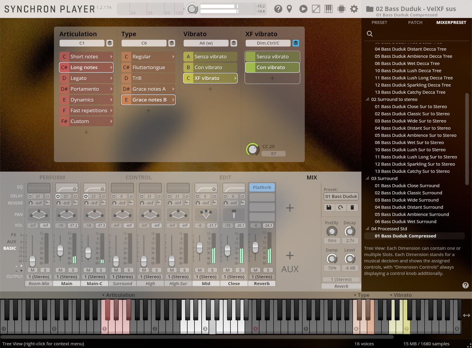 Synchron Player virtual instrument software interface displaying articulation, type, vibrato, and XF vibrato controls, mixer settings, and piano keyboard for music production.