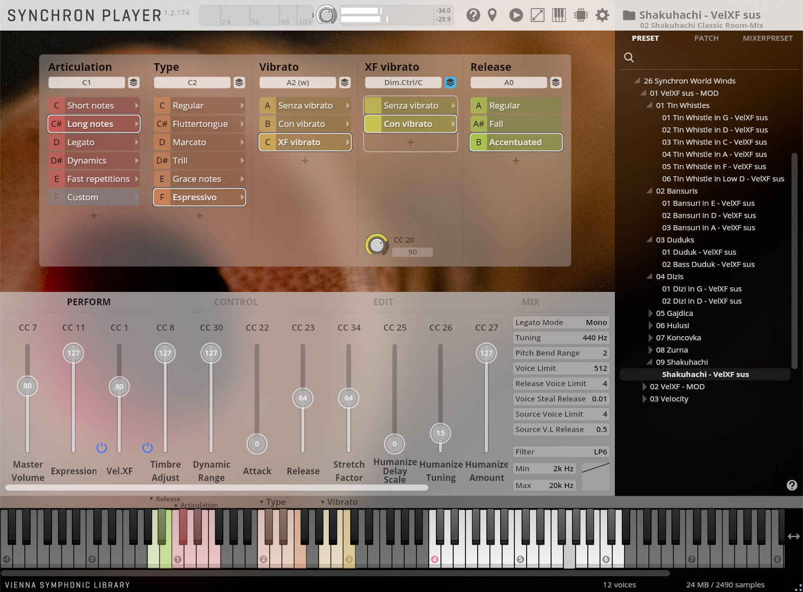 Synchron Player software interface displaying Shakuhachi-VelXF sus instrument settings, including articulation, vibrato, and release controls, along with performance, control, edit, and mix parameters.