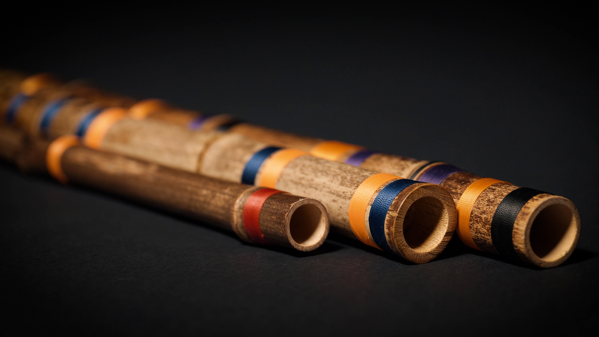 Bamboo flutes with colorful ribbons, focus on instrument craftsmanship and musical artistry.