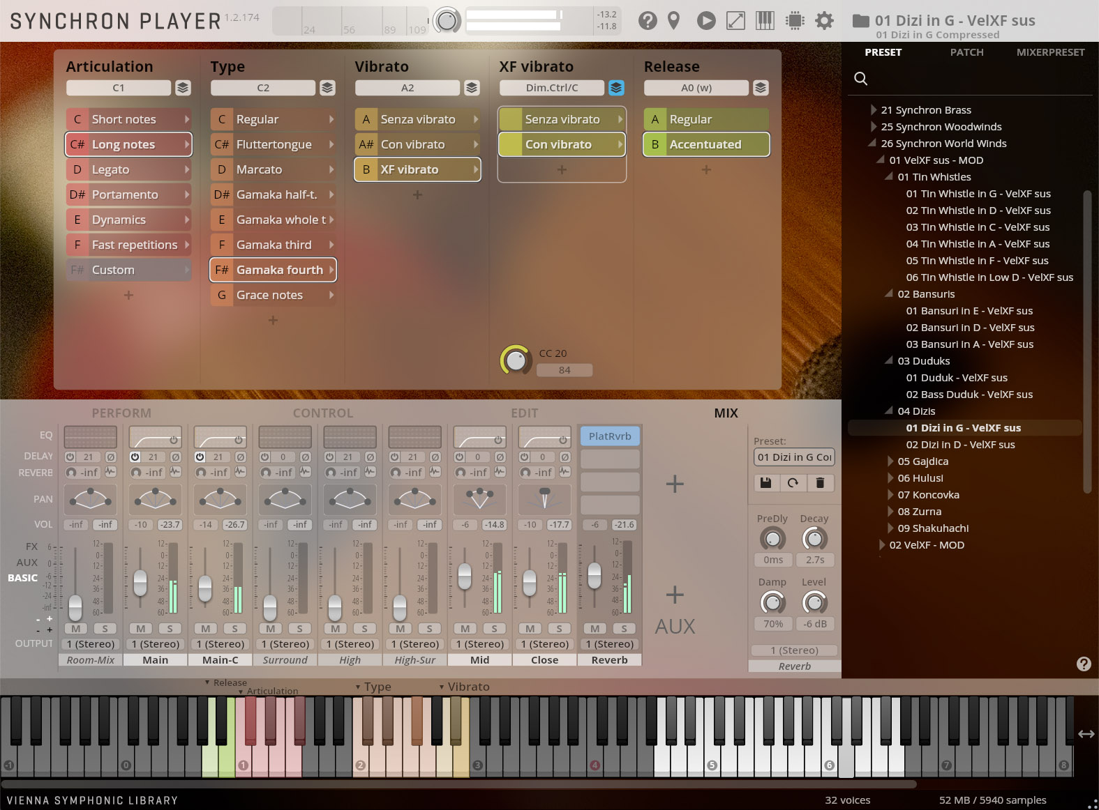 Digital audio workstation interface: Vienna Symphonic Library Synchron Player with selected articulation, type, vibrato, and release settings for a Dizi in G - VelXF sus instrument, displaying sound controls and a piano keyboard.