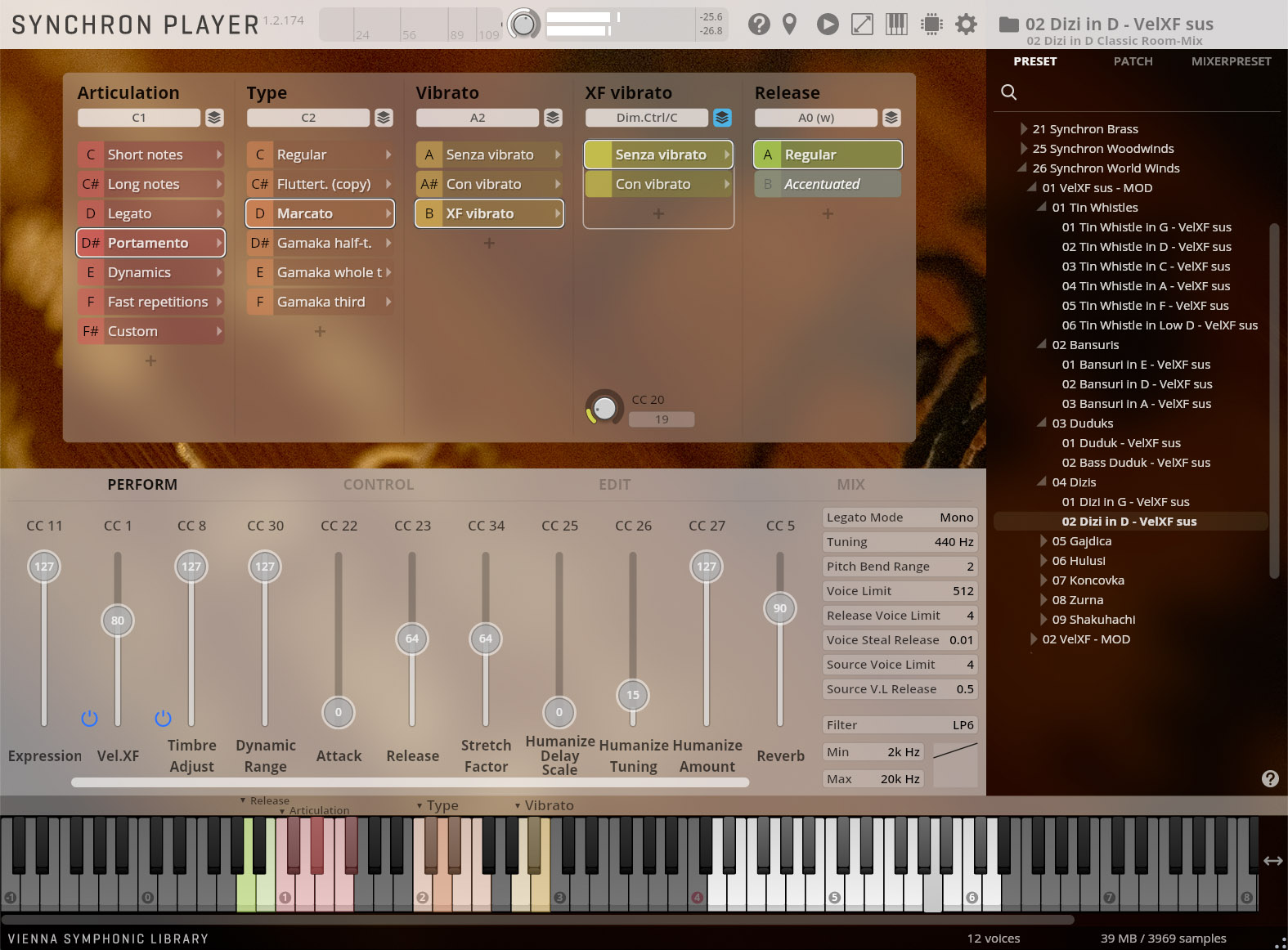 Detailed screenshot of Vienna Symphonic Library's Synchron Player software interface, displaying articulation, vibrato, release settings, and a list of instruments including Tin Whistles, Bansuris, Duduks, and Dizis, with performance controls and mix options visible.