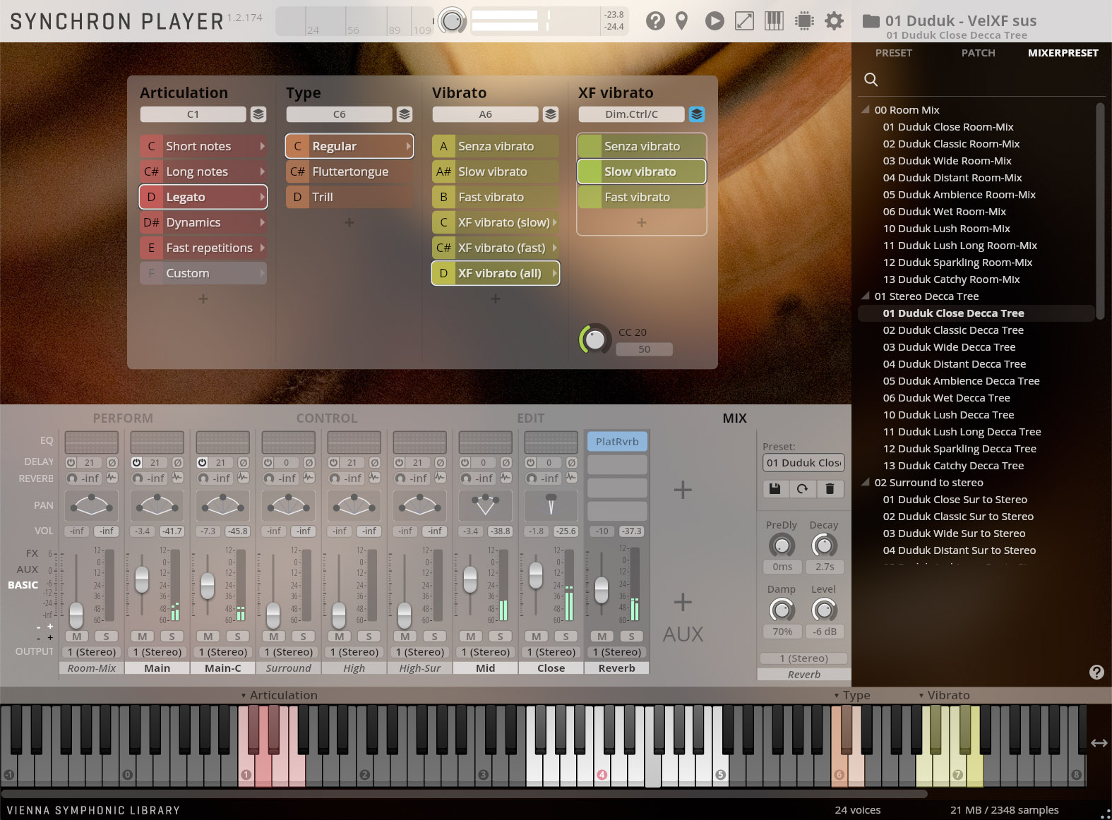 Screenshot of the Synchron Player software interface showing detailed sound articulation, type, vibrato, and mixing controls, including a virtual keyboard at the bottom.