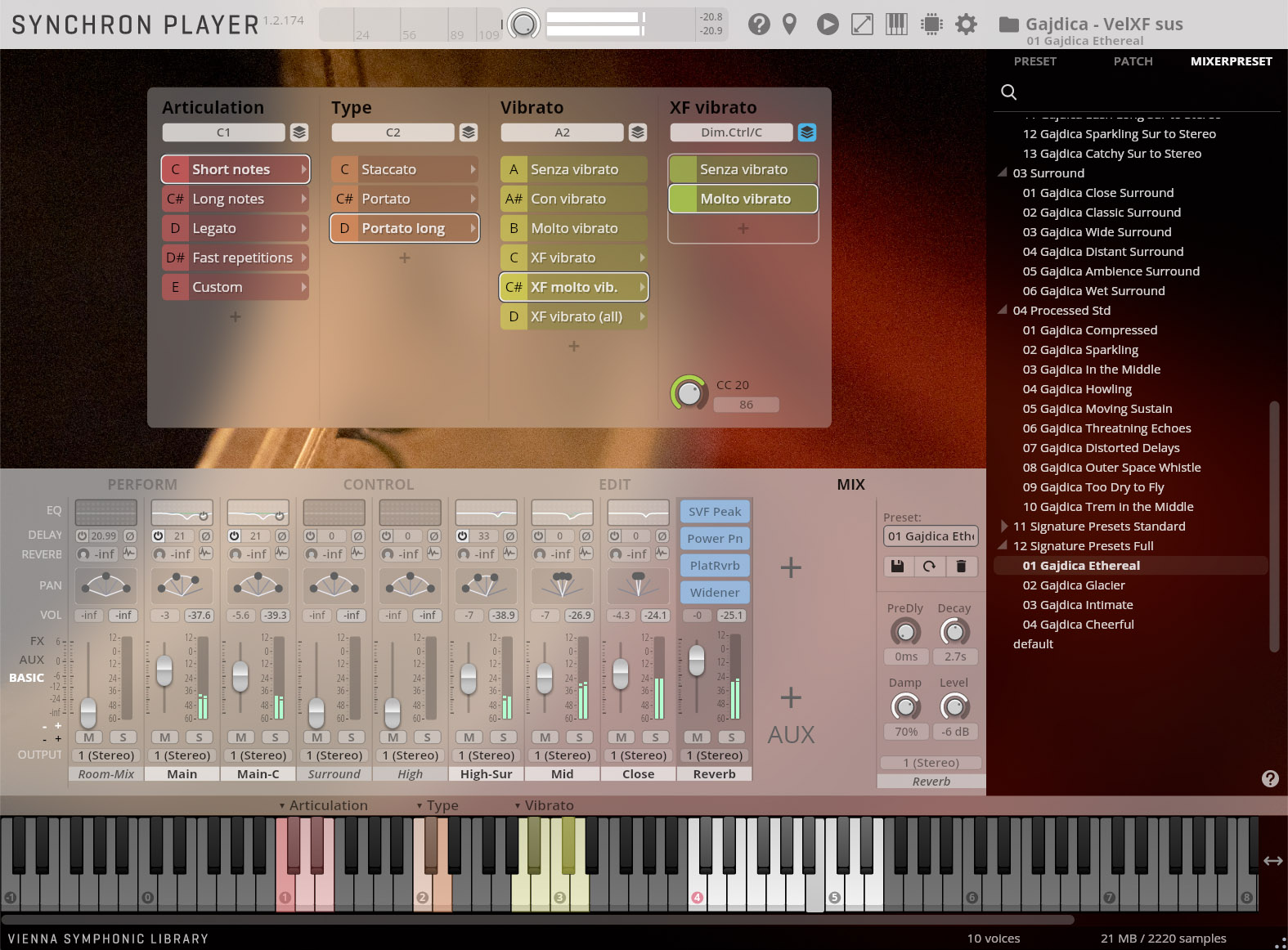 Vienna Symphonic Library Synchron Player software interface showing detailed settings for articulation, type, vibrato, and mixing with a list of Gajdica presets.