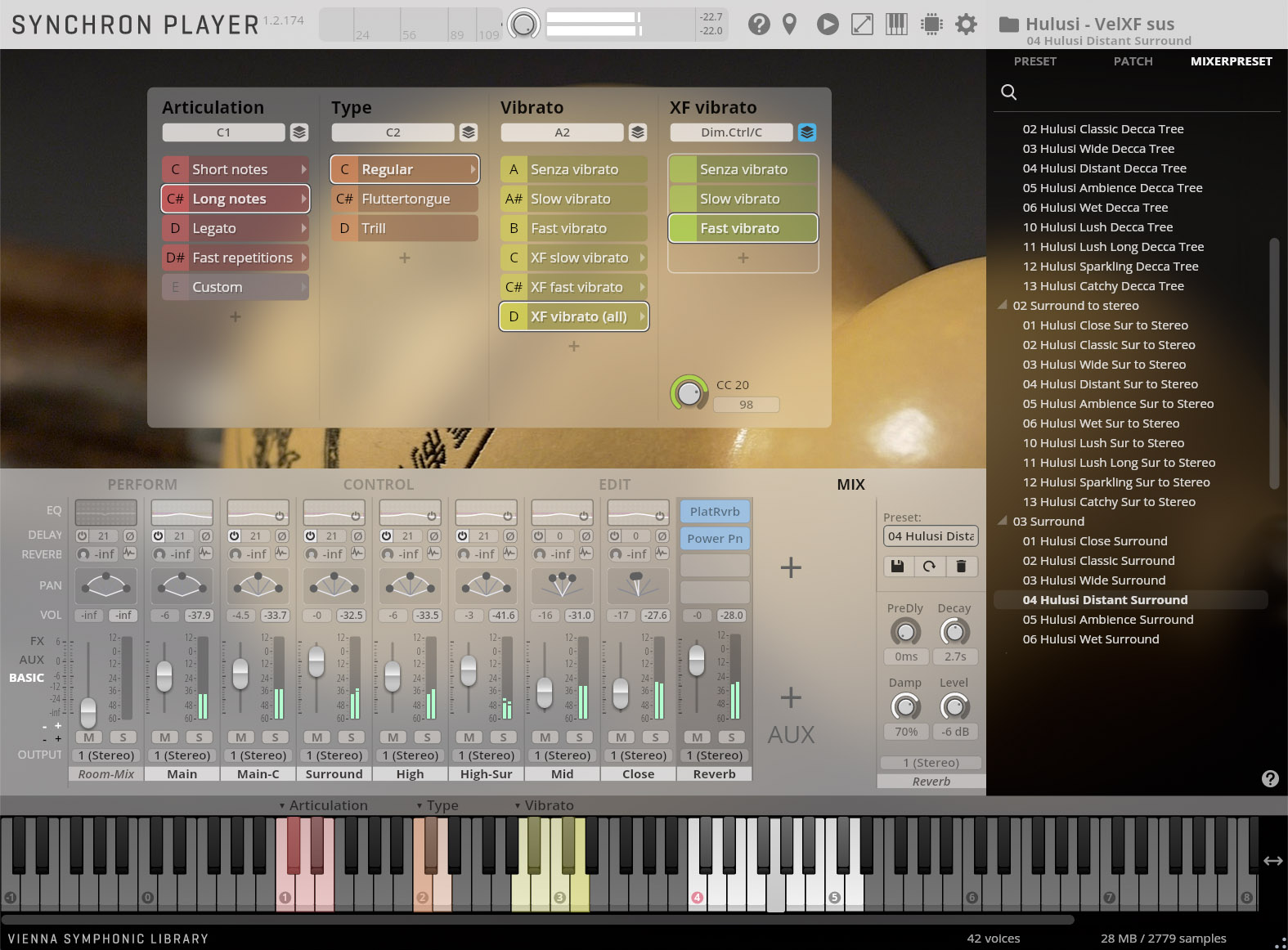A complete view of the Synchron Player software interface, showcasing the Articulation, Type, Vibrato, XF Vibrato, Perform, Control, Edit, and Mix sections with a Virtual Keyboard at the bottom.