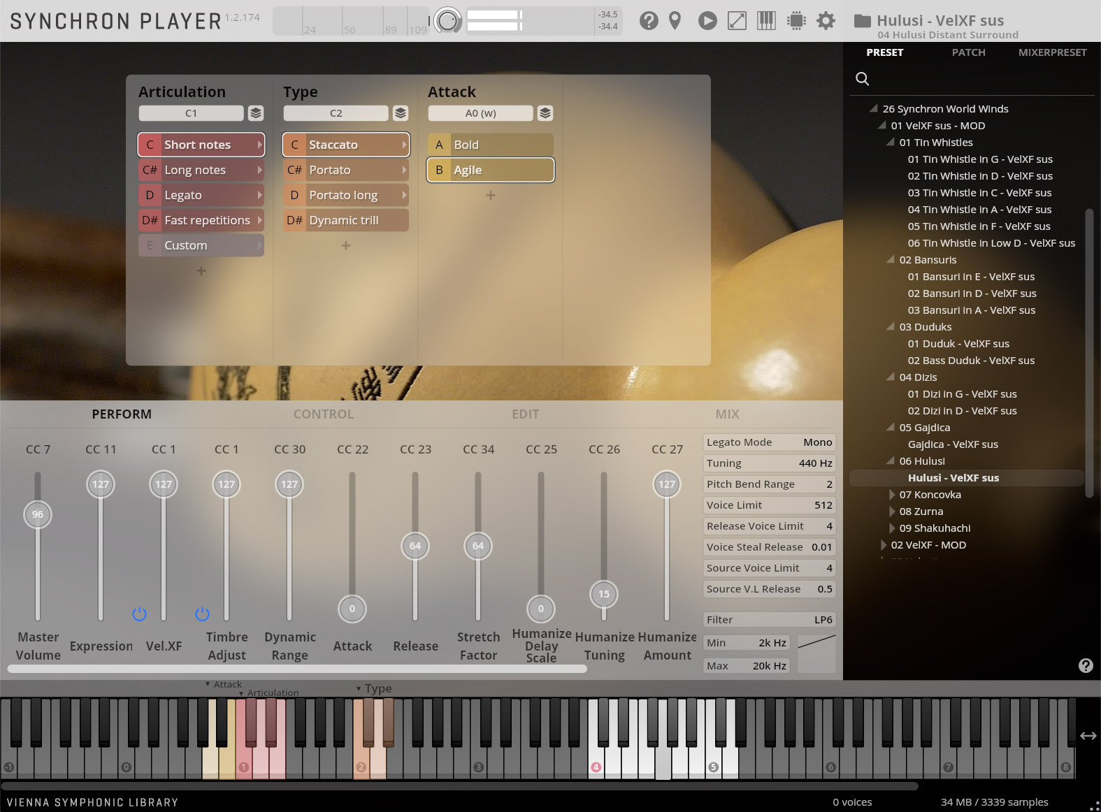 A screenshot of the SYNCHRON PLAYER 1.2.174 software interface, showing detailed controls for articulation, type, attack, and performance parameters, alongside a list of instrument presets including Hulusi - VelXF sus, optimized for virtual instrument users and music producers.