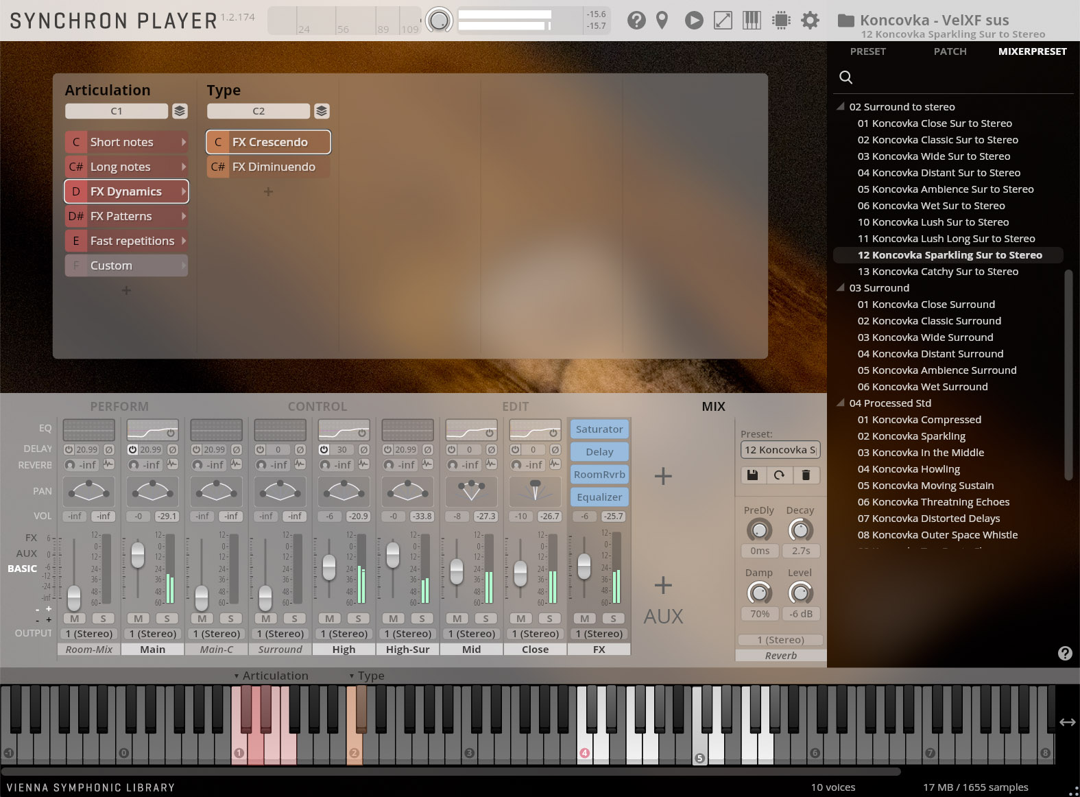 Screenshot of the Synchron Player software interface, showing different articulation types, sound controls, effect editing options like saturator and equalizer, and a list of audio presets including various Koncovka sound options.