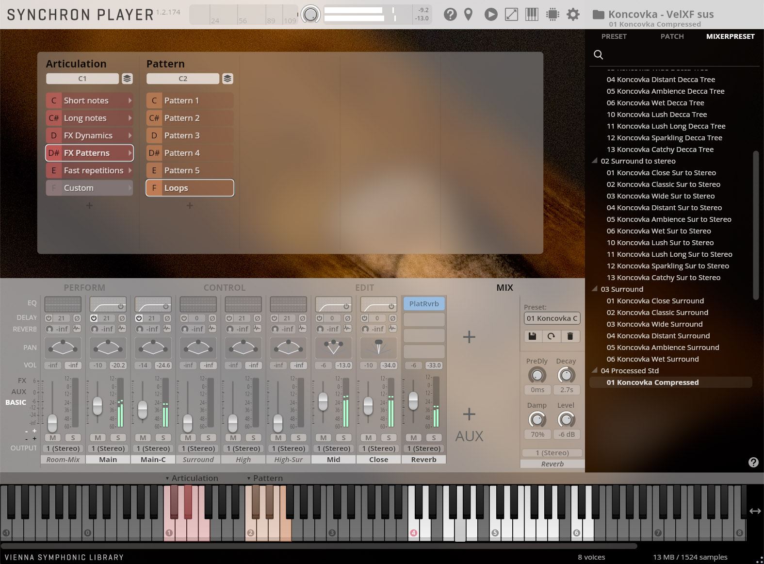 Full software interface for Synchron Player 1.2.174, featuring articulation and pattern selection, detailed sound controls, mixing options, and a complete virtual keyboard.