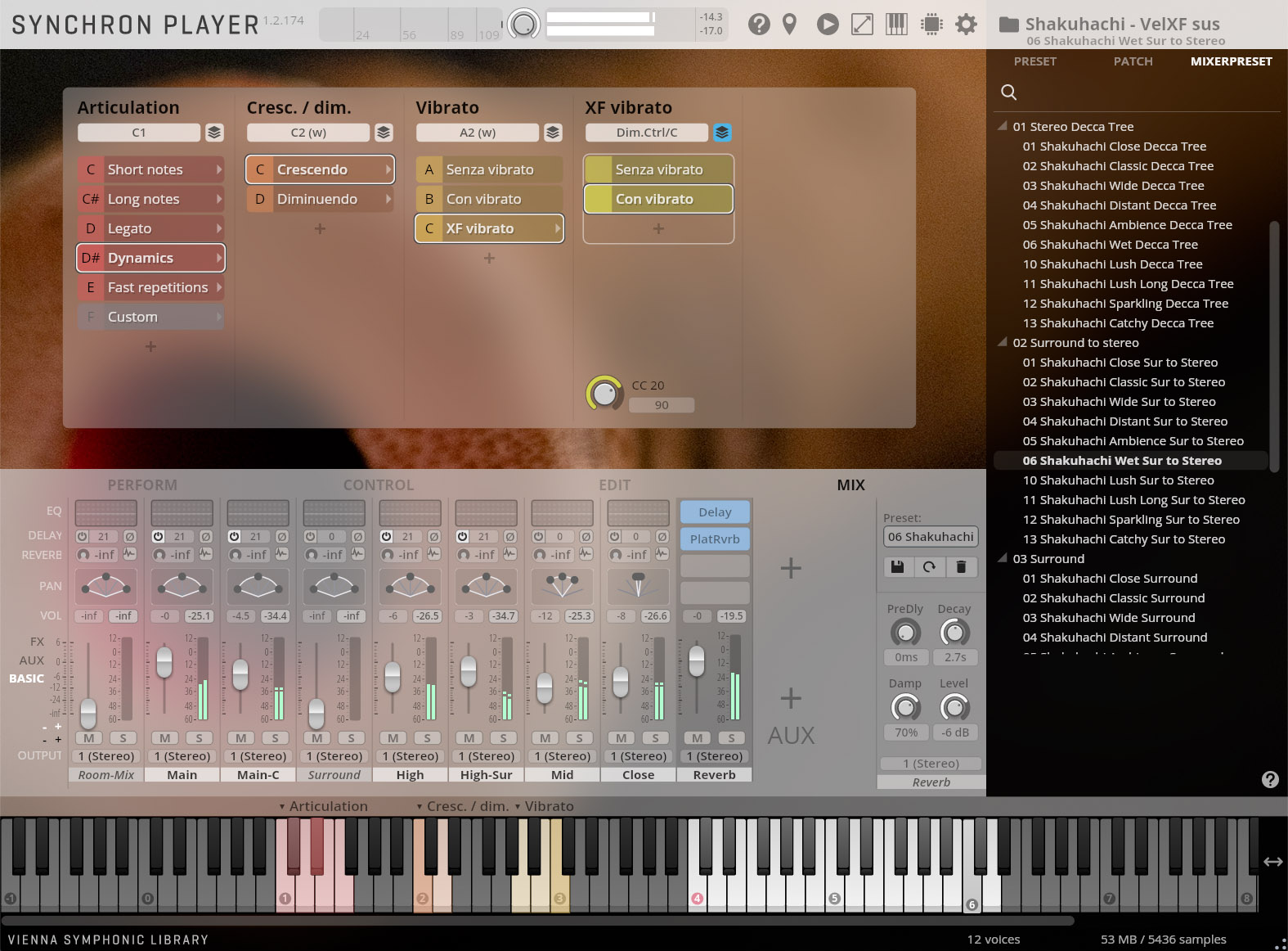 A screenshot of the SYNCHRON PLAYER 1.2.174 software interface, displaying controls for articulation, crescendo/diminuendo, vibrato, and XF vibrato, with the Dynamics articulation and XF vibrato options highlighted. The lower sections show PERFORM, CONTROL, EDIT, and MIX panels with various audio settings, alongside a piano keyboard illustrating key assignments. On the right, a MIXERPRESET panel lists Shakuhachi - VelXF sus presets, with 06 Shakuhachi Wet Sur to Stereo selected.