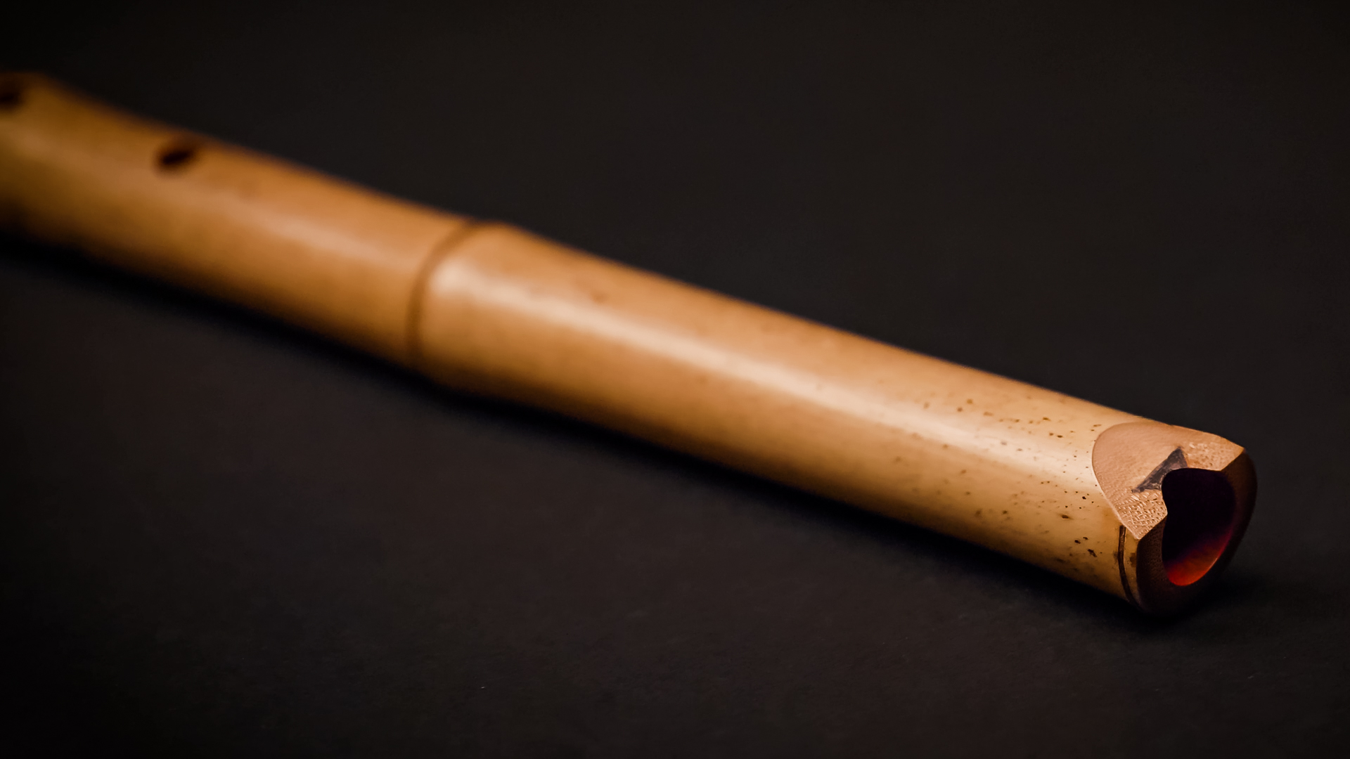 Close-up of a light brown bamboo shakuhachi flute with finger holes visible along its length, resting on a dark background.