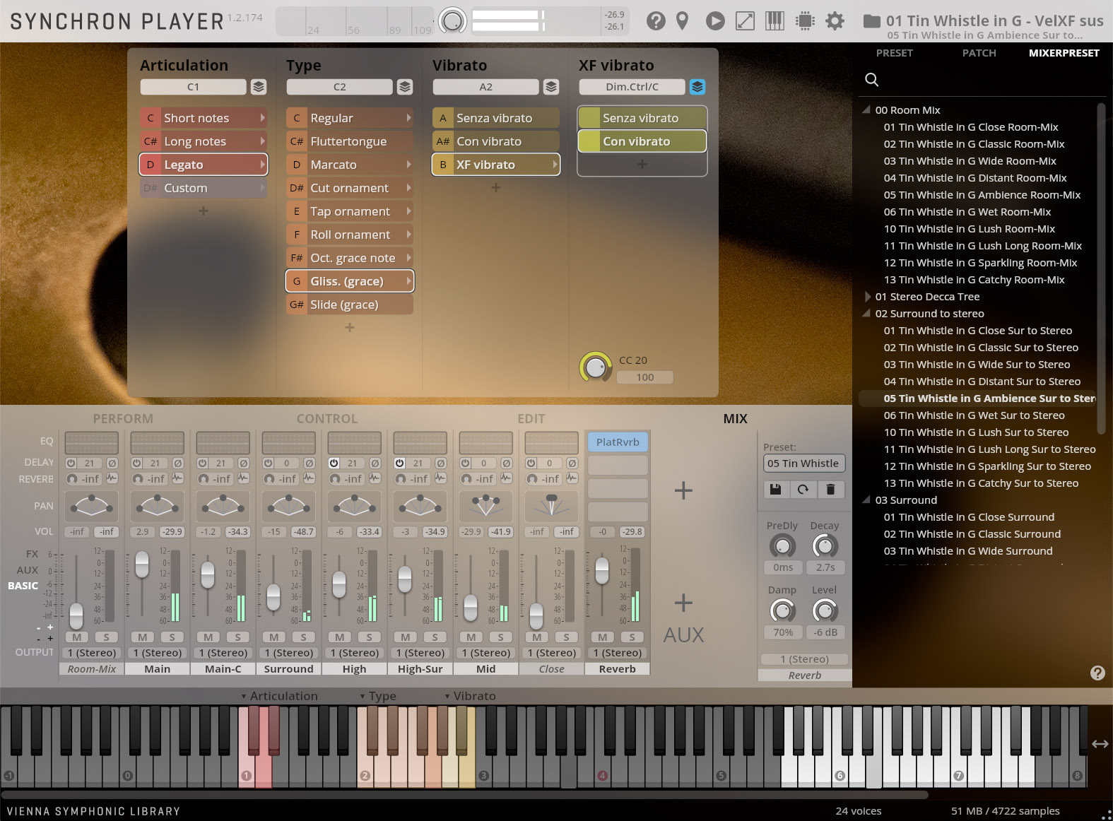 A screenshot of the SYNCHRON PLAYER 1.2.174 software interface, displaying its virtual instrument and audio mixing controls. The top section shows selected options for articulation (Legato), type (Gliss. (grace)), vibrato (XF vibrato, Con vibrato, Senza vibrato), and XF vibrato (Senza vibrato). The Perform, Control, and Edit sections feature various sliders and dials for EQ, delay, reverb, pan, volume, FX, and AUX. The Mix section shows a preset list for Tin Whistle in G, with 05 Tin Whistle in G Ambience Sur to Ster highlighted, along with controls for pre-delay, decay, damp, and level for a reverb effect. A virtual piano keyboard with highlighted keys along the bottom indicates active notes or key ranges. The bottom bar indicates 24 voices and 51 MB / 4722 samples.