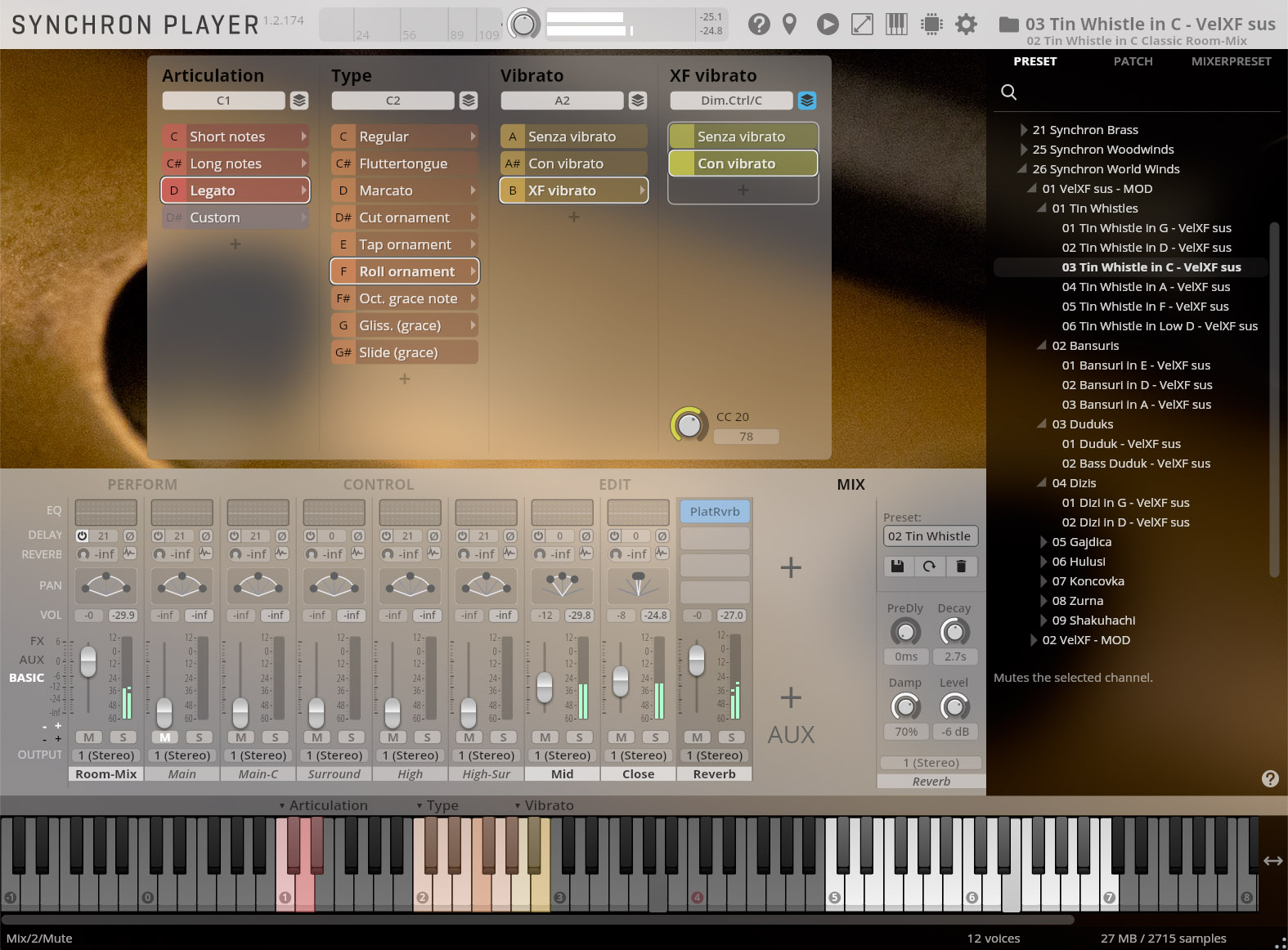 Screenshot of the Synchron Player virtual instrument interface, displaying articulation, type, vibrato, and XF vibrato controls alongside mixing, perform, control, and edit sections, with a piano roll at the bottom and a preset browser on the right showing Tin Whistle options.
