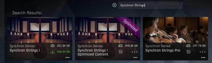 Search results for Synchron Strings software, showing Synchron Strings I, Synchron Strings I Optimized Content, and Synchron Strings Pro libraries with download sizes.