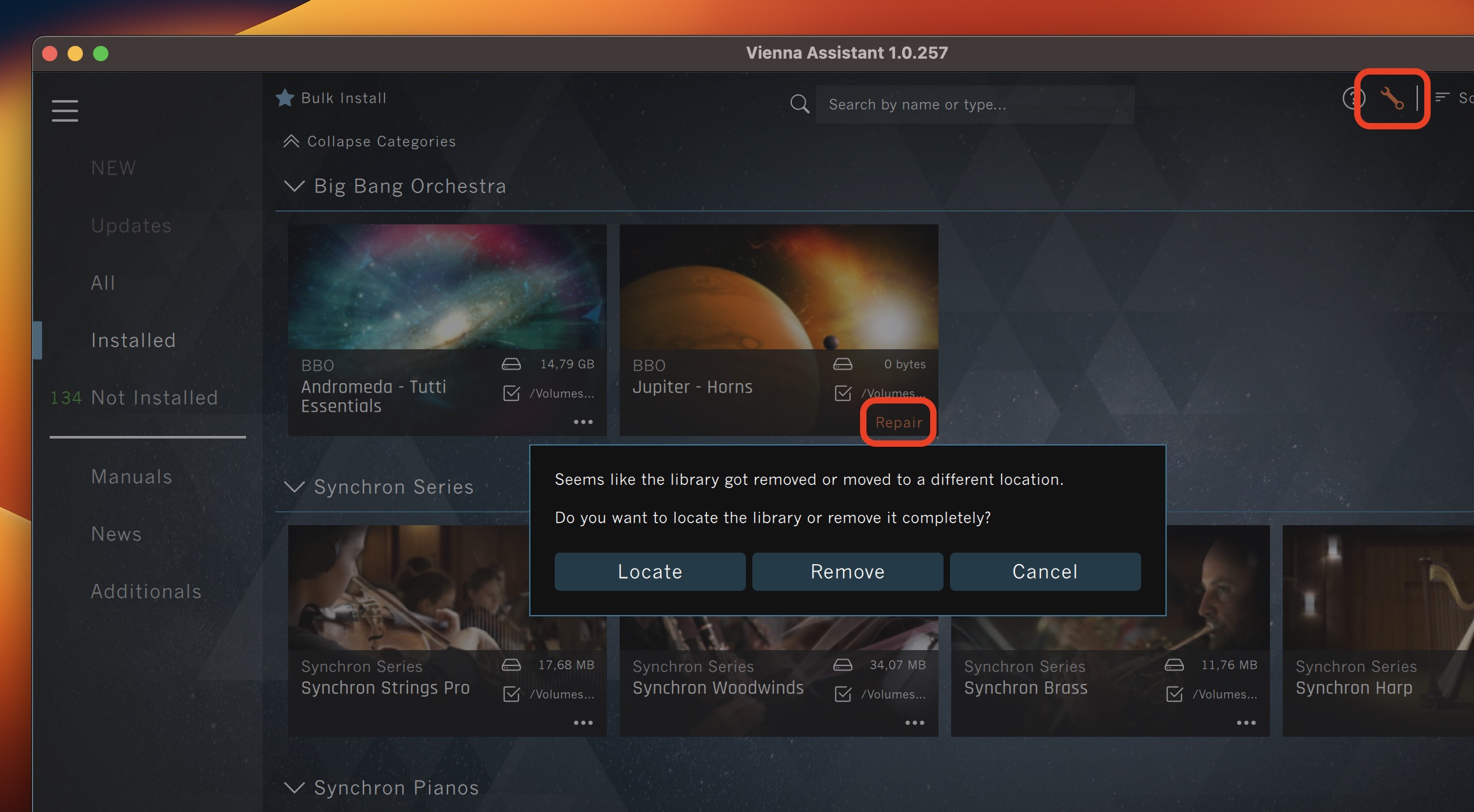 Software interface showing a missing sample content connection with a Repair button and a pop-up prompting to locate or remove the library.