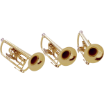 Three shiny brass trumpets, musical instruments listed under Used Instruments.