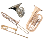 Three brass instruments: a tuba, a French horn, and a trombone.