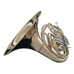 Orchestral French horn made of polished brass, featuring valves and tubing, for musical performance.