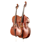 Two used string instruments, a cello and a double bass, signifying flautando and low strings.
