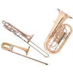 Brass instruments including a shining trombone and a baritone horn or tuba on a black background.