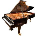 Black polished grand piano, a used instrument for sale, highlighting its keys, strings, and open lid.
