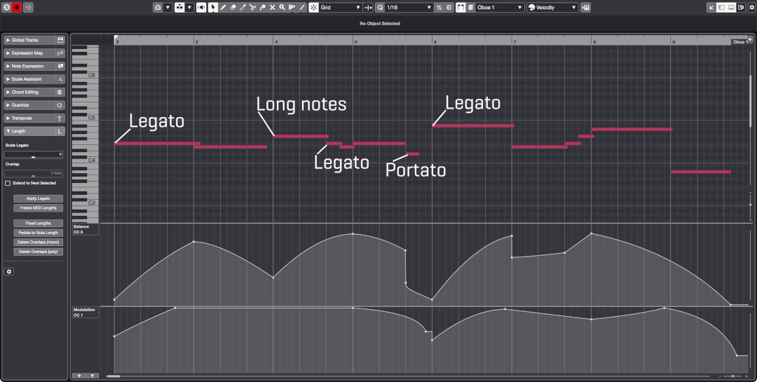 DAW MIDI editor displaying note lengths for oboe instruments, showing legato and portamento techniques, valuable for music production.