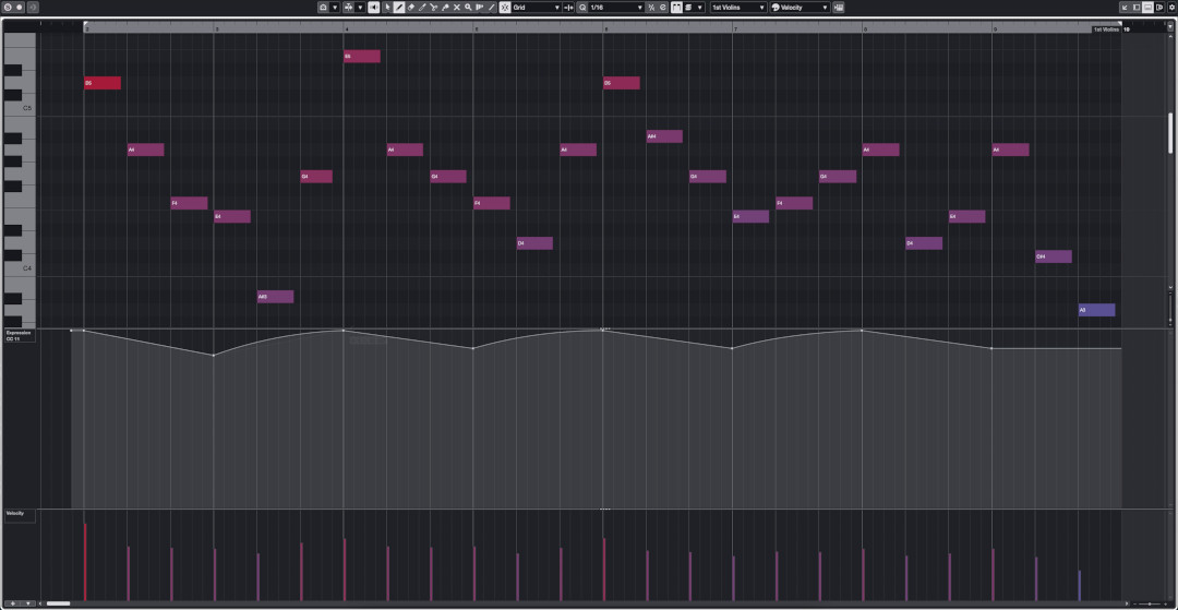 Digital audio workstation (DAW) interface displaying a musical score in piano roll editor with discrete notes, velocity, and expression data for Haydn music.