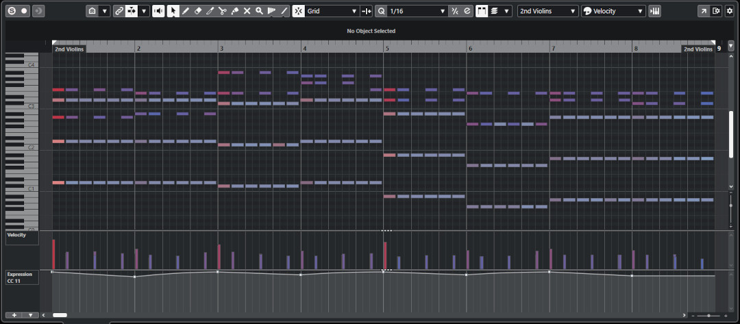 Digital audio workstation (DAW) piano roll interface displaying MIDI notes for 2nd Violins, showing velocity and expression data.