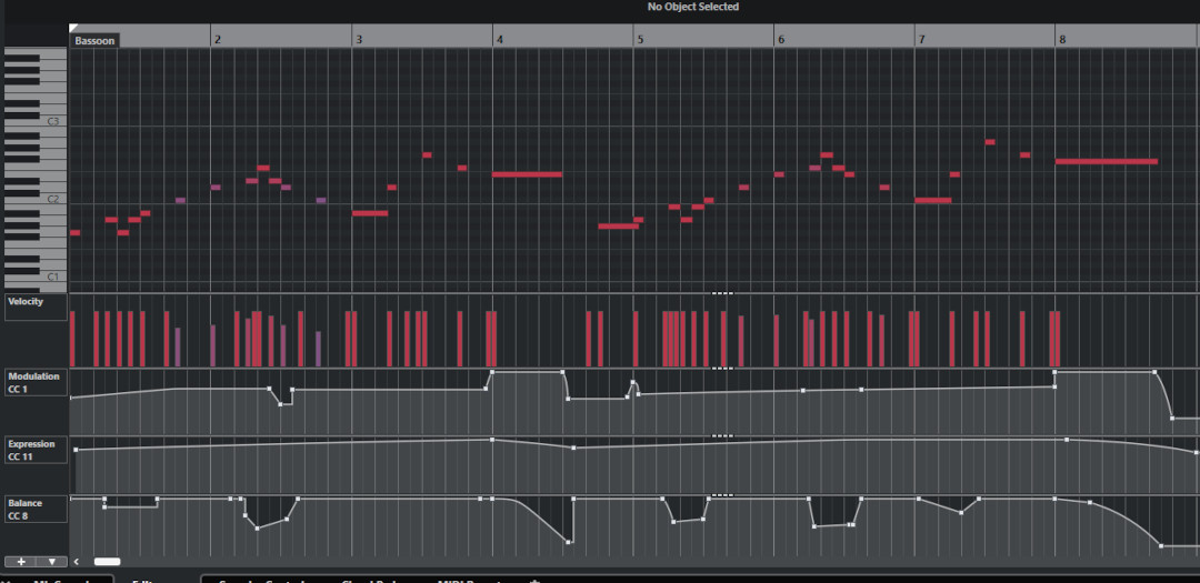 Digital audio workstation interface displaying bassoon MIDI notes, velocity, modulation, expression, and balance automation for music production.